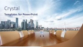  Presentation with conference table - Audience pleasing PPT theme consisting of painted-conference-table-with-cityscape backdrop and a sky blue colored foreground