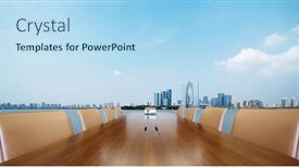  Presentation with conference table - Colorful PPT layouts enhanced with painted conference table with cityscape of suzhou in blue sky backdrop and a light blue colored foreground