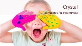  Presentation with creative production - Colorful PPT theme enhanced with painted hands - creative loud screaming little female backdrop and a sky blue colored foreground