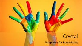  Presentation with colorful hands - Cool new PPT theme with painted hands colorful fun creative backdrop and a gold colored foreground