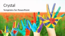  Presentation with hand print - Amazing theme having painted hands on field background backdrop and a  colored foreground