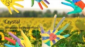  Presentation with sunflower - Beautiful presentation design featuring painted hands on sunflower field backdrop and a gold colored foreground
