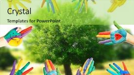  Presentation with colorful finger painted hands - Cool new slide deck with painted hands on tree background backdrop and a yellow colored foreground