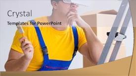  Presentation with contractor - Beautiful PPT layouts featuring painter contractor working with virtual reality goggles backdrop and a sky blue colored foreground