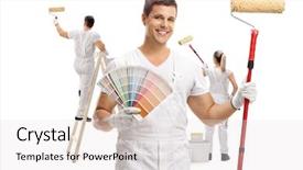  Presentation with painting walls paint roller - Audience pleasing PPT theme consisting of painter holding a color swatch backdrop and a light gray colored foreground