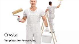  Presentation with painting walls paint roller - Colorful presentation theme enhanced with painter holding a paint roller backdrop and a white colored foreground