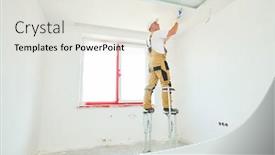  Presentation with home - Beautiful slide set featuring painter in stilts with putty knife plasterer smoothing ceiling surface at home renewal backdrop and a sky blue colored foreground
