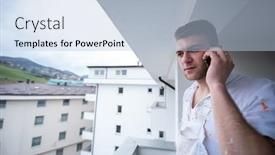  Presentation with telephone mobile - Theme consisting of painter-making-telephone-call background and a light blue colored foreground