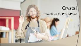  Presentation with notepad - Cool new PPT theme with painter with notepad and paintbrushes backdrop and a light gray colored foreground