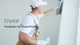  Presentation with wall - Beautiful theme featuring painter with putty knife plasterer smoothing wall surface at home renewal backdrop and a lemonade colored foreground