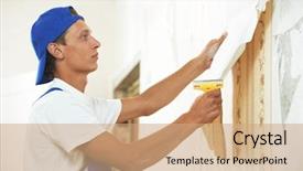 Presentation with eco friendly home renovation - Audience pleasing PPT theme consisting of painter worker peeling off wallpaper backdrop and a coral colored foreground