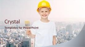  Presentation with childhood - Slide deck having painting building childhood and people concept - smiling little girl in protective helmet with paint brush background and a lemonade colored foreground