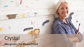  Presentation with artistic artist art brush - Theme featuring painting canvas - portrait of senior female artist background and a  colored foreground