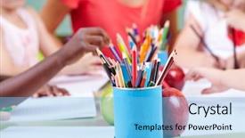  Presentation with crayons - Cool new PPT layouts with kids writing - many crayons on a table backdrop and a light blue colored foreground