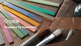  Presentation with rustic old wood texture - PPT theme featuring furniture making - wood color samples and brushes background and a red colored foreground