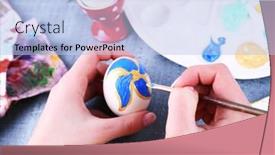  Presentation with colorful hands - PPT theme enhanced with painting easter eggs by female hands on colorful tablecloth background background and a light blue colored foreground