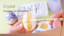  Presentation with colorful hands - Audience pleasing slide set consisting of painting easter eggs by female hands on colorful tablecloth background backdrop and a cream colored foreground