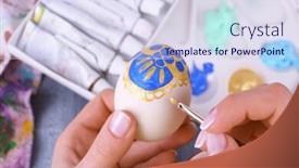  Presentation with colorful hands - Presentation theme consisting of painting easter eggs by female hands on colorful tablecloth background background and a sky blue colored foreground
