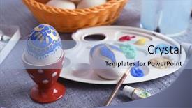  Presentation with tablecloth - Presentation theme enhanced with painting easter eggs on colorful tablecloth background background and a light blue colored foreground