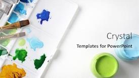  Presentation with artist - Audience pleasing presentation design consisting of painting-tools-artist-desk-paintbrush backdrop and a white colored foreground