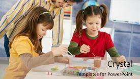  Presentation with school desk - Slides enhanced with painting with colors in art background and a coral colored foreground
