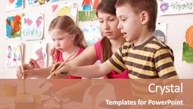  Presentation with children painting - Presentation theme featuring painting with teacher in art background and a coral colored foreground