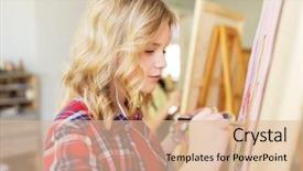  Presentation with school art and music - Amazing PPT layouts having easel earphones and paint brush backdrop and a coral colored foreground