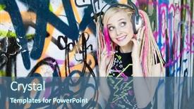  Presentation with headphones - Presentation theme with graffito - portrait of young woman background and a ocean colored foreground