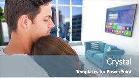  Presentation with room - Slides enhanced with rear view of couple embracing against blue sofas in living room at modern house background and a teal colored foreground
