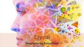  Presentation with shapes - Slide set with paintography double exposure of blonde woman's profile dissolving into colorful particles and shapes background and a yellow colored foreground