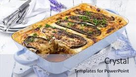  Presentation with greek - Presentation theme featuring paints back ground - greek casserole dish - moussaka background and a light blue colored foreground