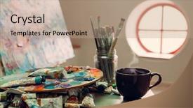  Presentation with artist - Amazing PPT theme having paints canvas on the easel backdrop and a coral colored foreground
