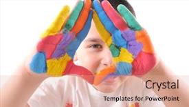  Presentation with colorful hand prints - Slide deck with paints ready for hand prints background and a coral colored foreground