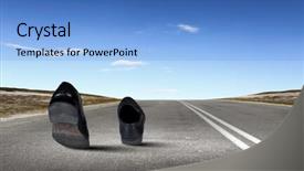  Presentation with black road - Presentation theme enhanced with pair of black shoes walking on road background and a light blue colored foreground
