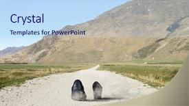  Presentation with black road - Amazing PPT theme having pair of black shoes walking on road backdrop and a sky blue colored foreground