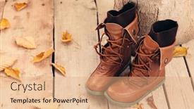  Presentation with leather shoes - Audience pleasing slide deck consisting of pair of brown boots with socks inside on barn wooden background autumn seasonal footwear leather shoes backdrop and a coral colored foreground