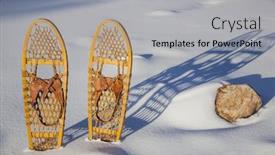  Presentation with paw - Audience pleasing theme consisting of pair of classic bear paw wooden snowshoes cast shadow in snow backdrop and a light gray colored foreground