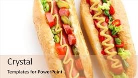  Presentation with dogs - Cool new theme with pair of fresh hot dogs isolated on white backdrop and a yellow colored foreground