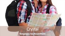  Presentation with tourists - Cool new slide deck with pair of happy tourists sightseeing in summer isolated on white backdrop and a coral colored foreground