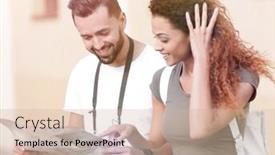  Presentation with tourists - Slide set consisting of pair of happy young tourists sightseeing in summer background and a soft green colored foreground