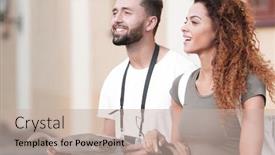  Presentation with tourists - PPT theme consisting of pair of happy young tourists sightseeing in summer background and a mint green colored foreground