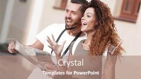  Presentation with tourists - Audience pleasing presentation theme consisting of pair of happy young tourists sightseeing in summer backdrop and a coral colored foreground