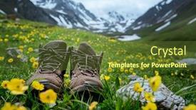  Presentation with hiking - PPT theme enhanced with pair of hiking boots lying in the grass background and a tawny brown colored foreground