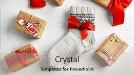  Presentation with socks - Beautiful presentation theme featuring pair of knitted socks with wrapped gifts on light table backdrop and a mint green colored foreground