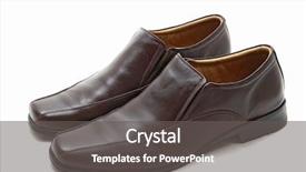  Presentation with shoes luxury - Cool new slide deck with pair of luxury brown leather man shoes on a white background backdrop and a dark gray colored foreground