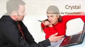  Presentation with managers - PPT theme with pair of managers communicating working on laptop computer background and a cream colored foreground