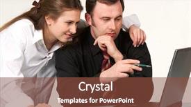  Presentation with managers - PPT layouts having pair of managers communicating working on laptop computer background and a tawny brown colored foreground