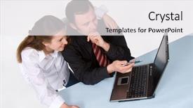  Presentation with managers - Presentation theme featuring pair of managers communicating working on laptop computer background and a white colored foreground