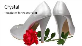  Presentation with white rose - Colorful slide deck enhanced with pair of silver women's heel shoes with red rose isolated over white with clipping path backdrop and a white colored foreground
