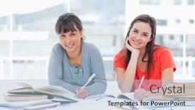  Presentation with look - Beautiful presentation theme featuring pair of smiling students studying together as they look at the camera backdrop and a light blue colored foreground